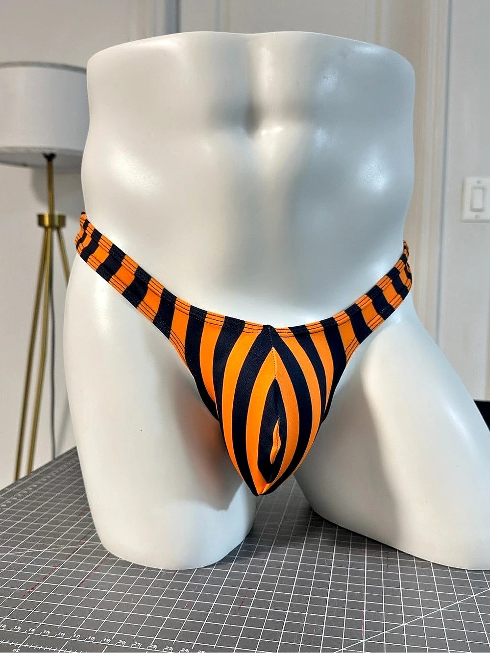 Men’s Halloween Thong,Black & Orange Striped Sexy Men’s Underwear, Handmade Hall